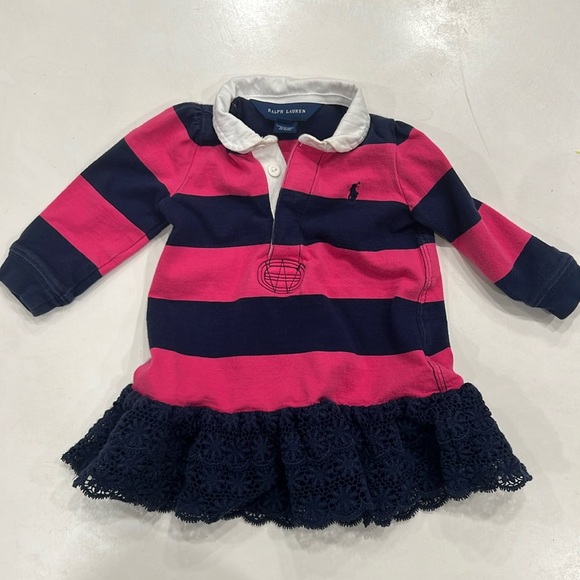 Ralph Lauren Baby Girl's Striped Dress with collar and ruffle - Blue/pink 9 M - Picture 1 of 9